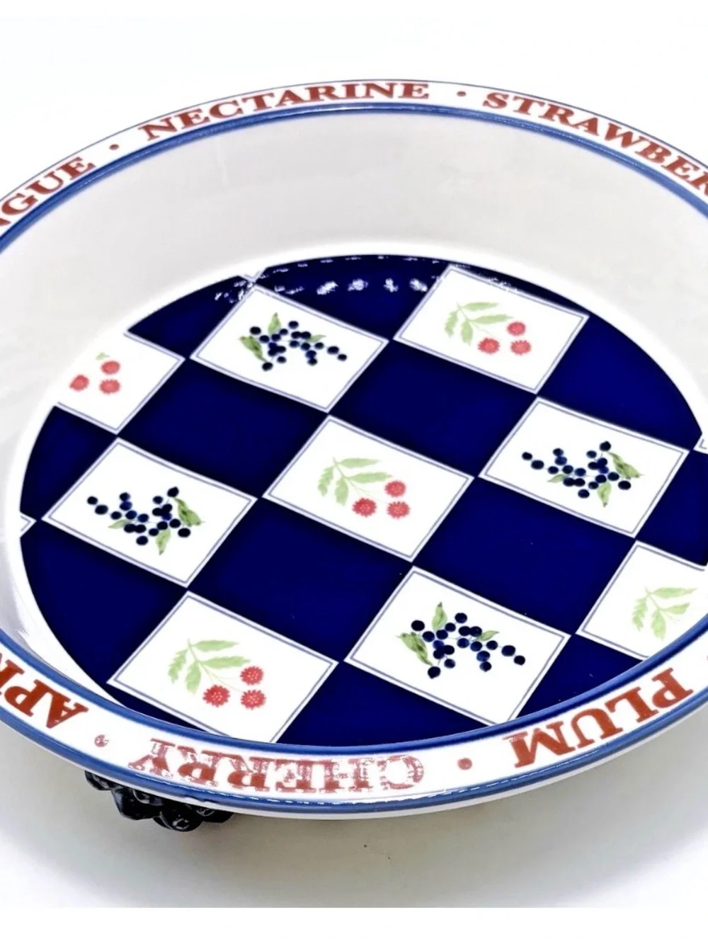 Anthropologie Blue & White Checker Serving Bowl with Fruit Motif